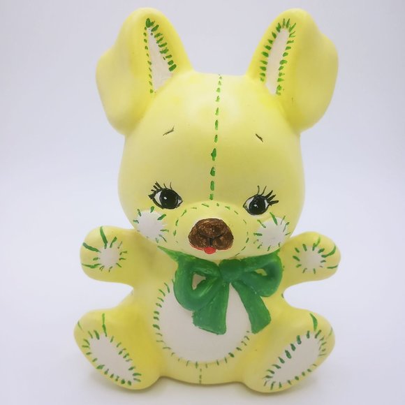 Decorative Ceramic Free Standing Rabbit Yellow Green White Design Green Bow - Picture 1 of 12